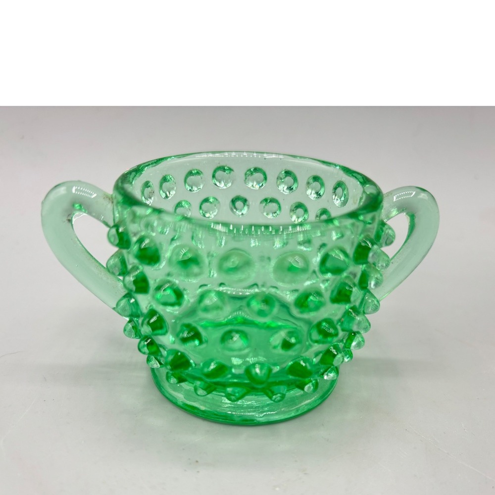 Vintage Green Hobnail Glass Sugar Bowl Double Handle Miniature Emerald Dish